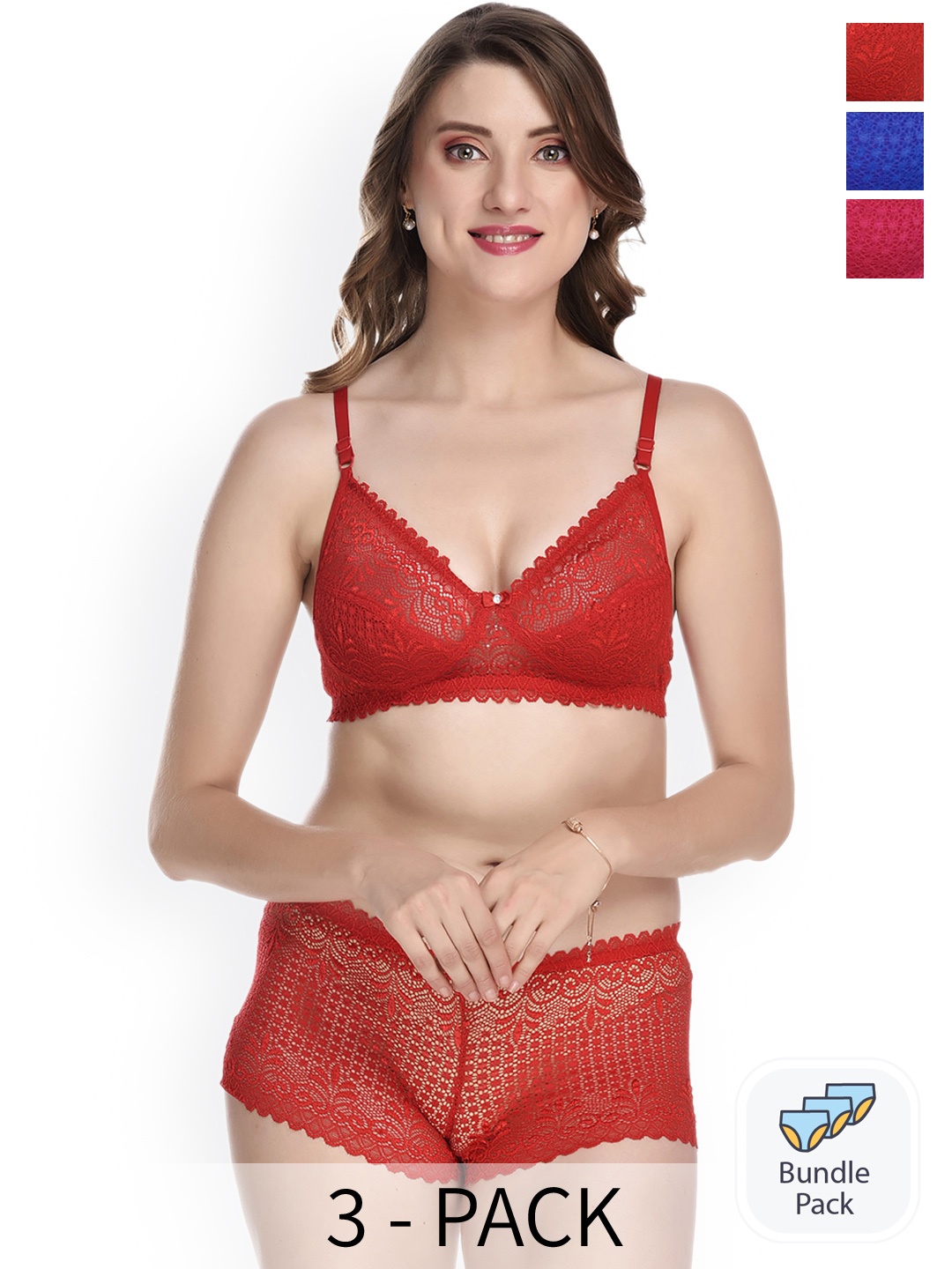 

AROUSY Pack of 3 Self-Designed Laced Lingerie Set, Red