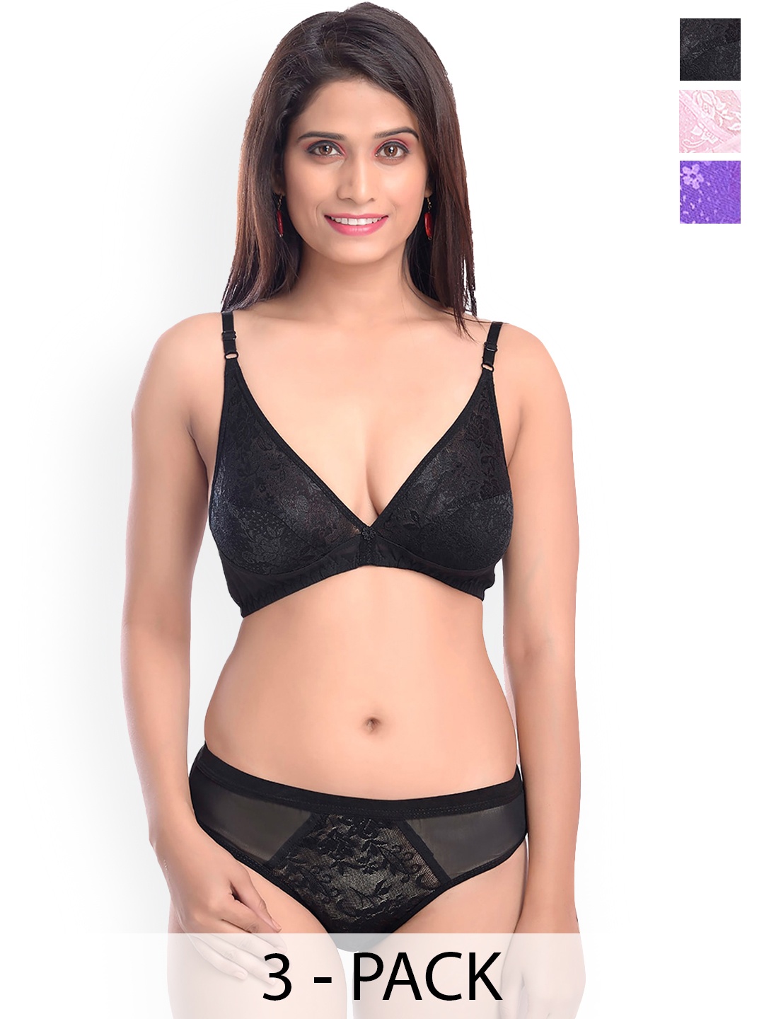 

AROUSY Pack Of 3 Lace Cotton Lingerie Set, Purple