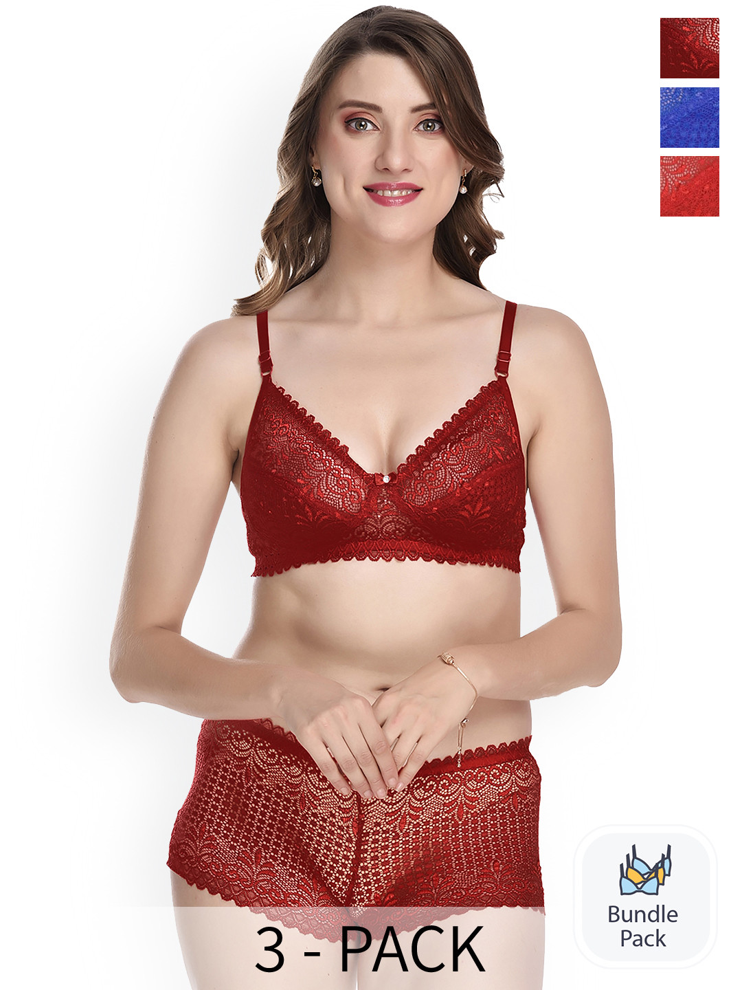 

AROUSY Pack Of 3 Self Design Laced Cotton Lingerie Set, Red