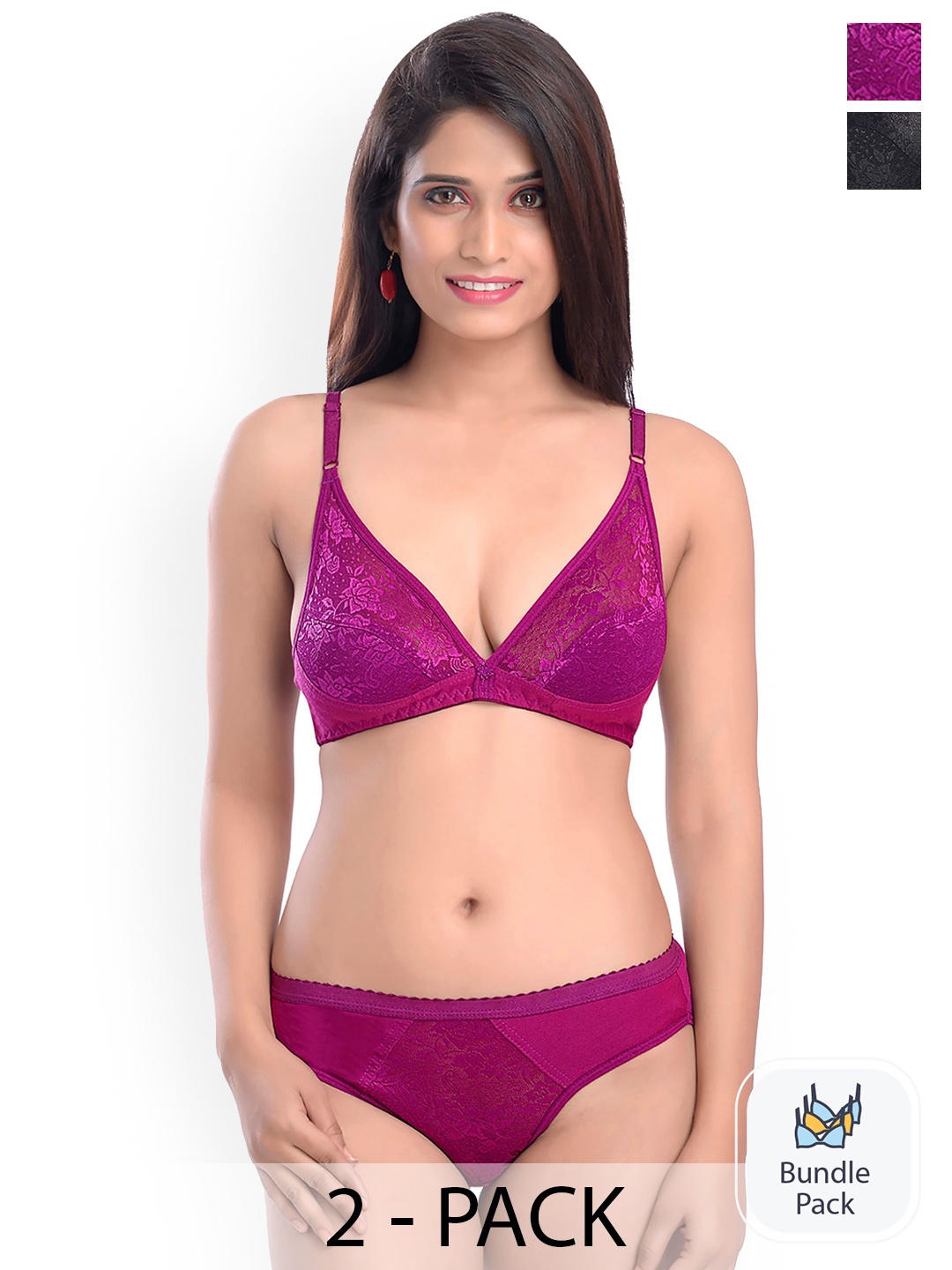 

AROUSY Pack Of 2 Self-Design Laced Cotton Lingerie Sets T_Safal set_Pink,Black_30, Purple