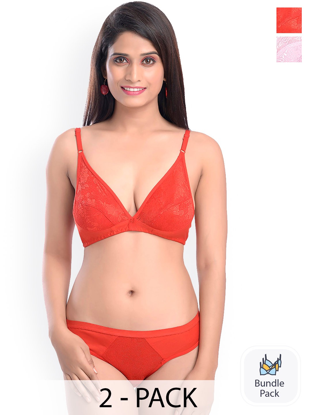 

AROUSY Pack Of 2 Self-Design Laced Cotton Lingerie Sets, Red