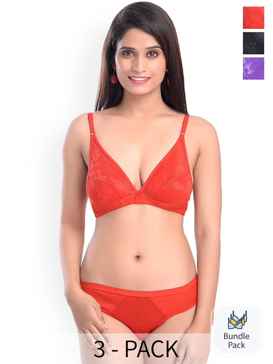 

AROUSY Pack Of 3 Self Design Laced Cotton Lingerie Set, Red