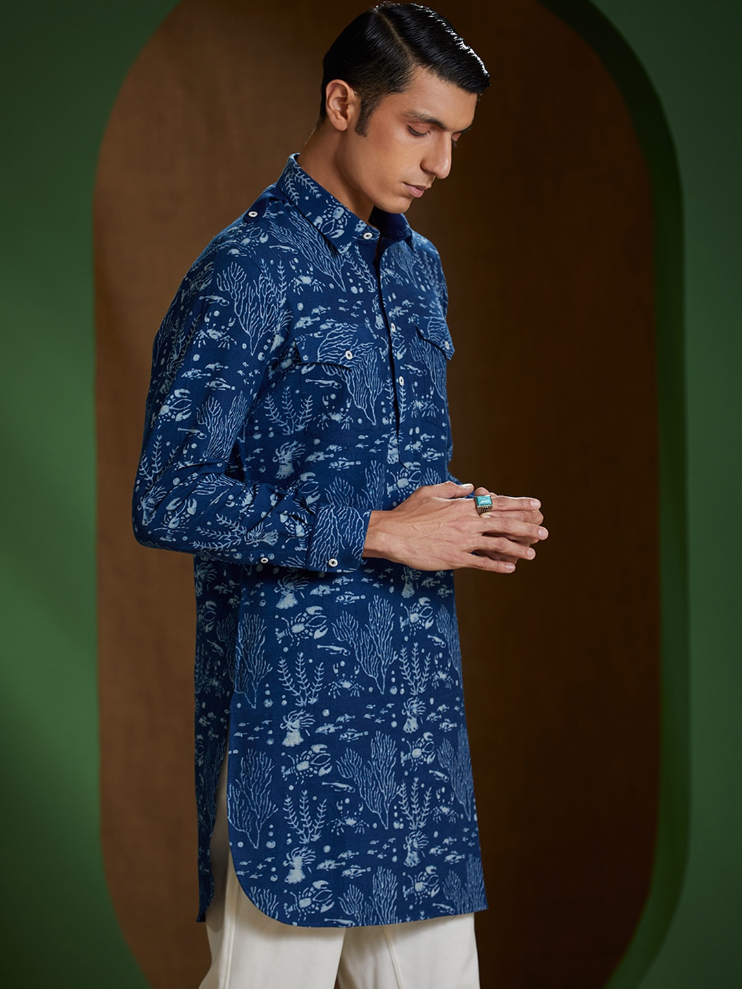 

Earthpiece Quirky Printed Cotton Shirt Collar Pathani Kurta, Navy blue