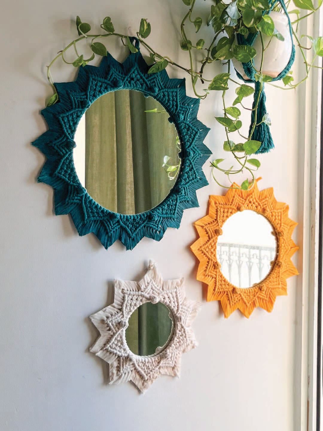 

Story of Knots Teal Blue & Yellow 3 Pieces Berry Knot Macrame Wall Mirrors