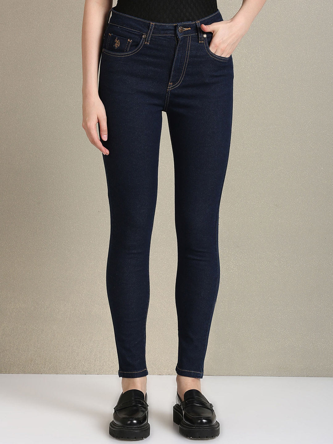 

U.S. Polo Assn. Women Skinny Fit High-Rise Stretchable Cotton Jeans, Navy blue
