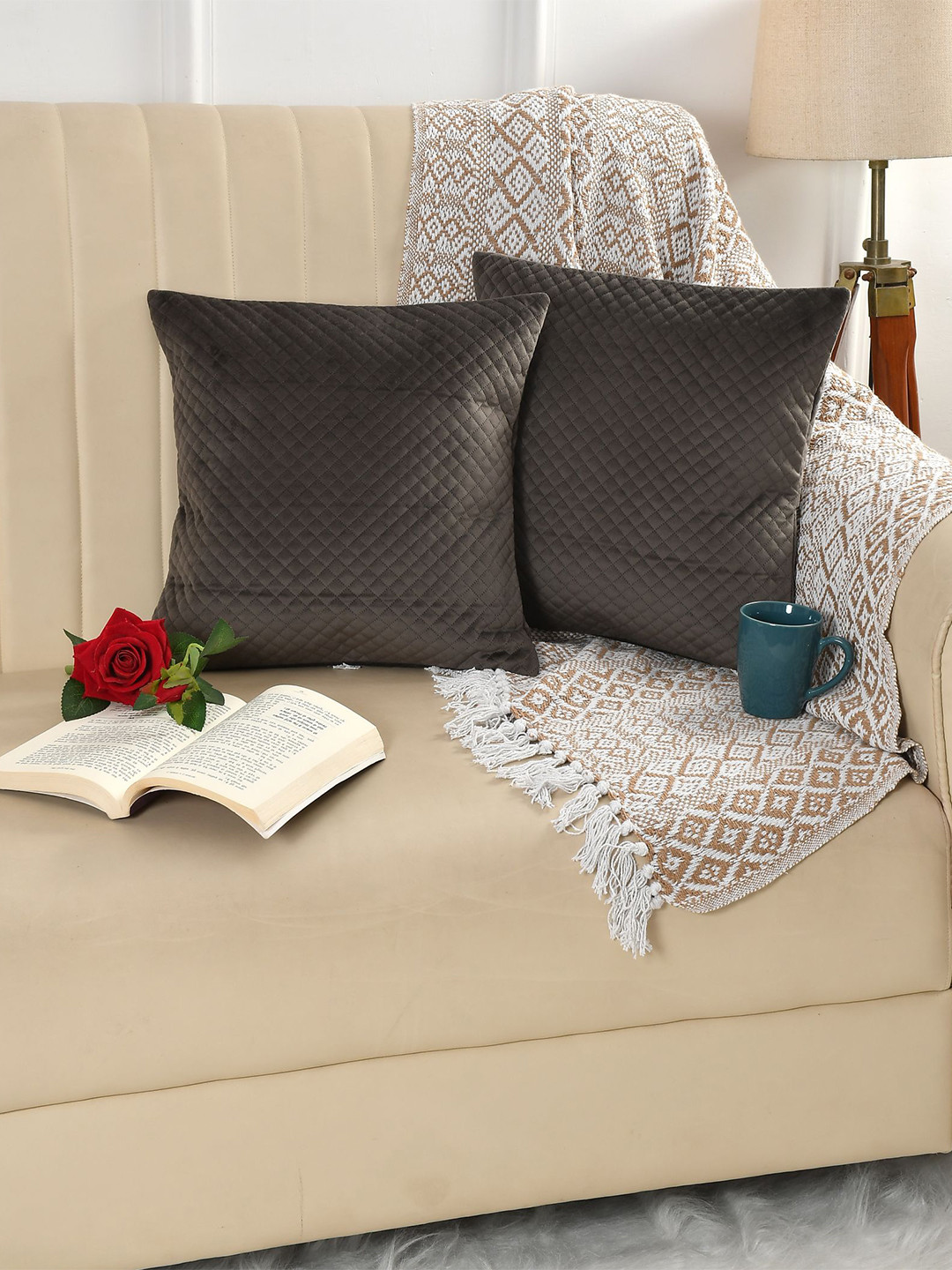 

Florida Grey 2 Pieces Checked Velvet Square Cushion Covers