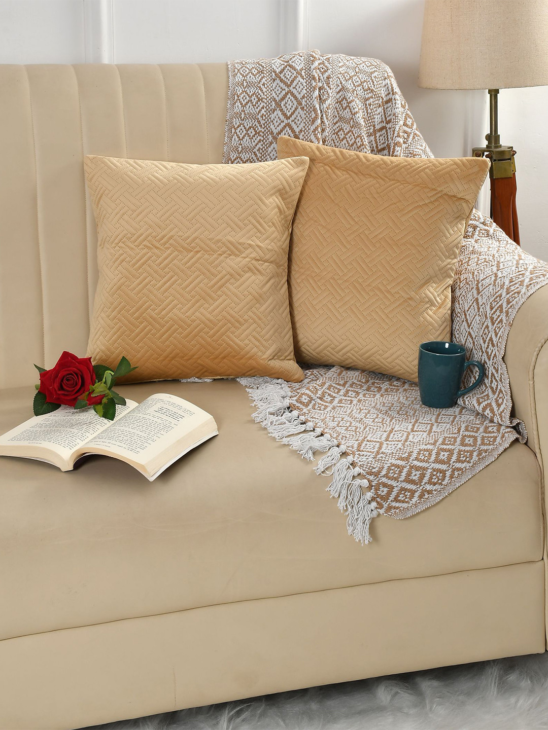 

Florida Beige 2 Pieces Geometric Velvet Square Cushion Covers