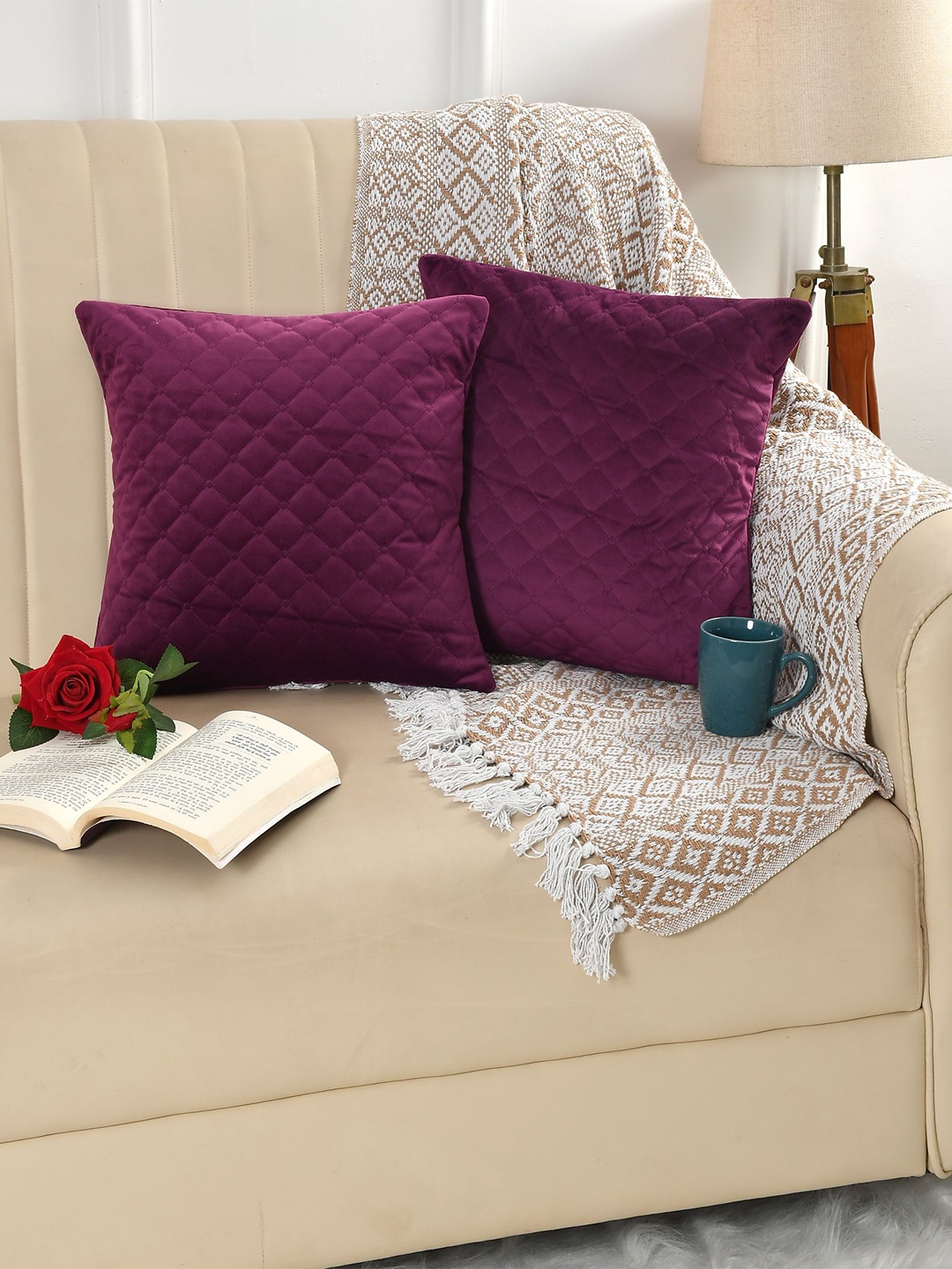 

Florida Purple 2 Pieces Checked Velvet Square Cushion Covers