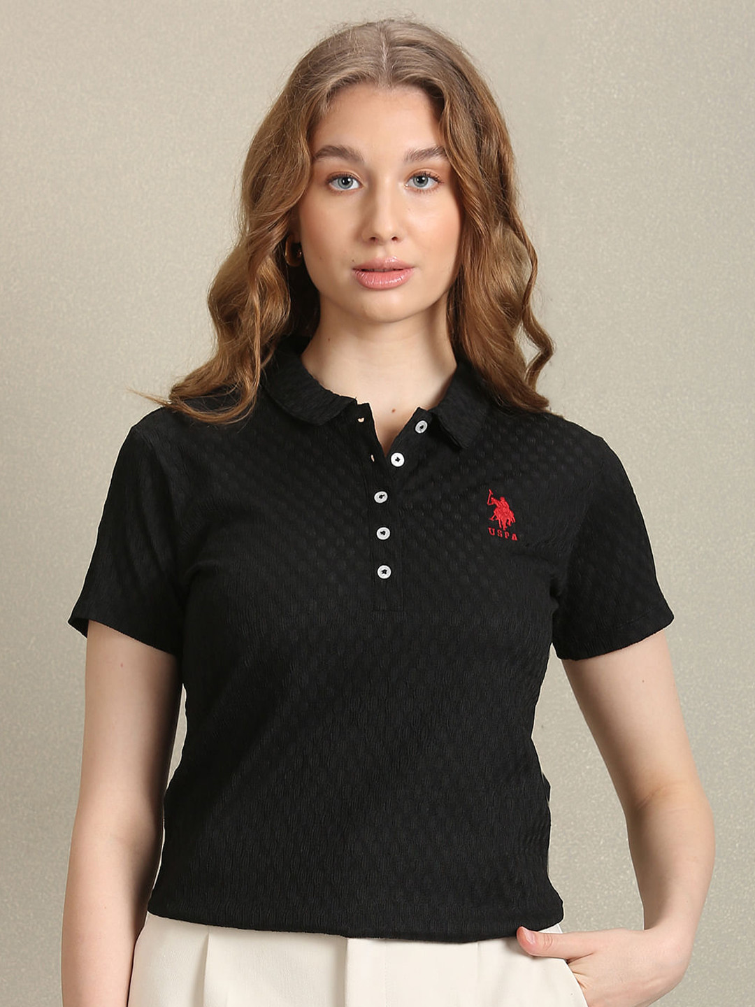 

U.S. Polo Assn. Women Self Design Polo Collar Slim Fit Cotton T-shirt, Black