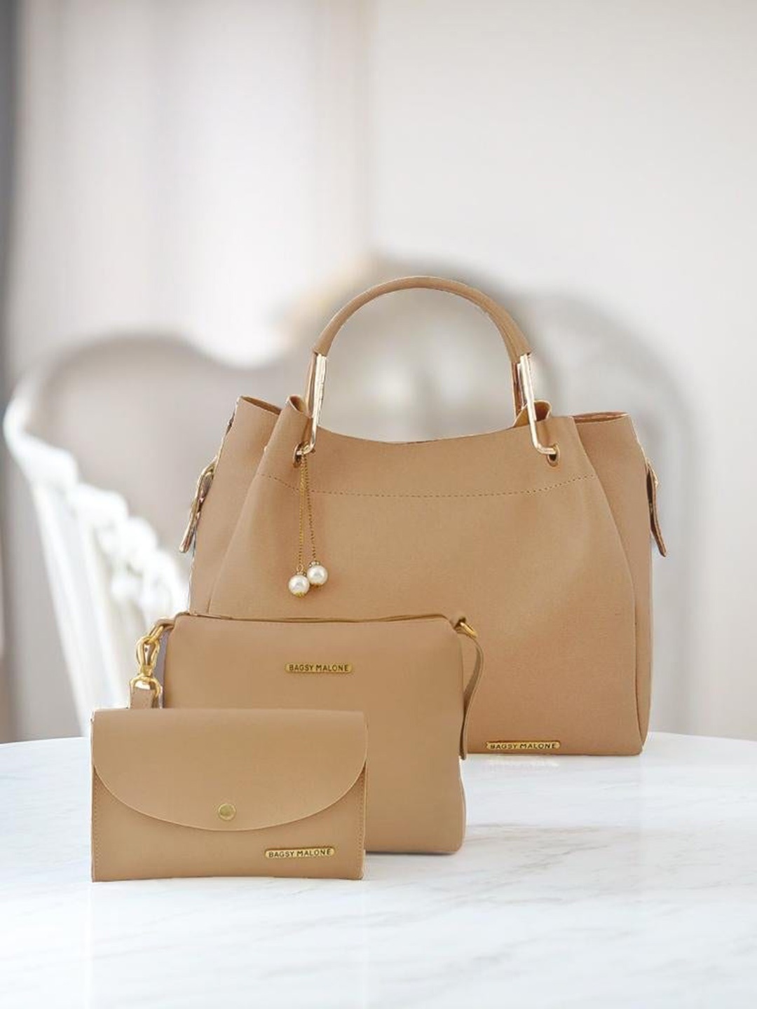 

Bagsy Malone Set Of 3 Vegan Leather Structured Handheld Bag, Beige