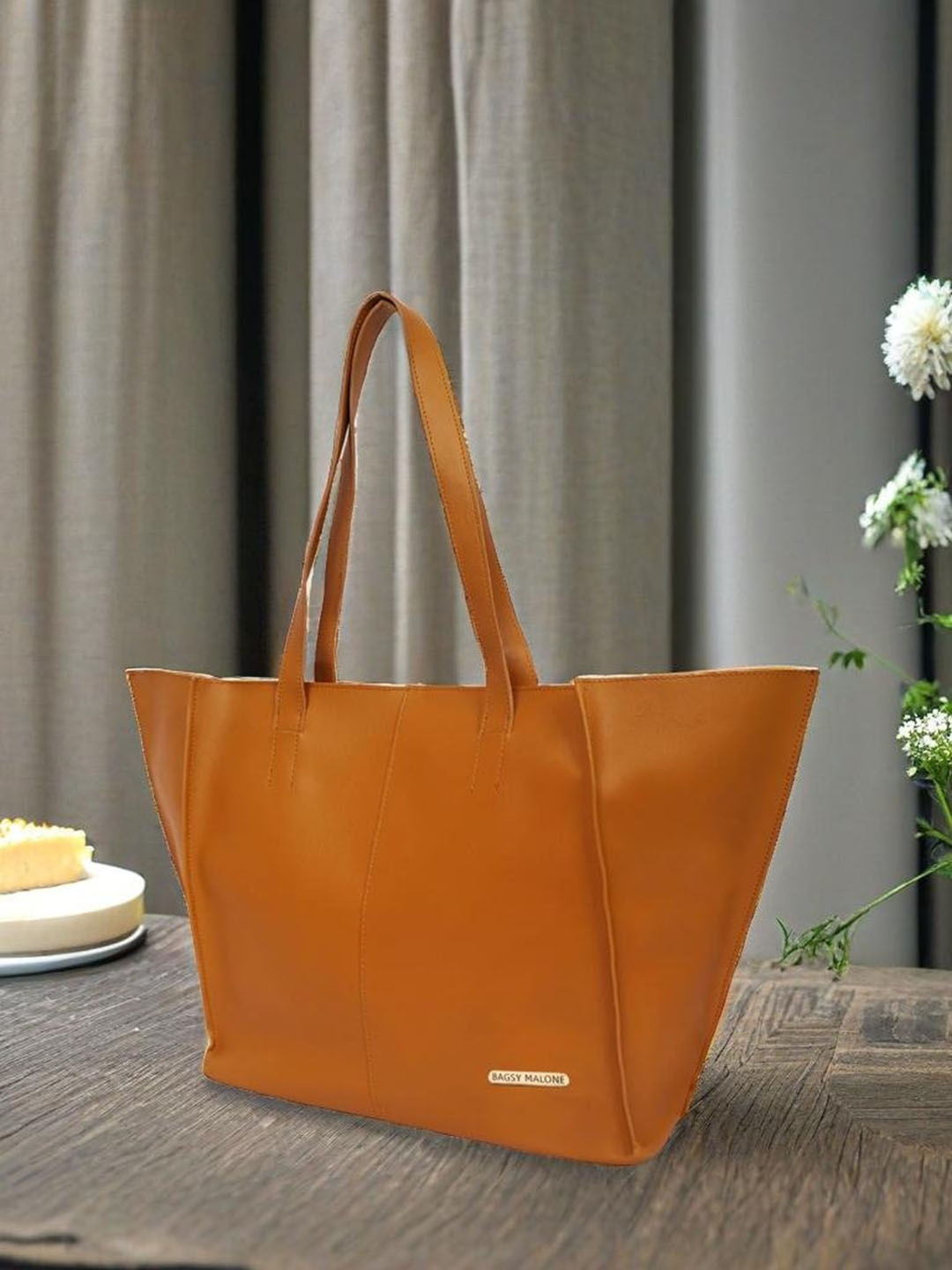 Bagsy Malone PU Oversized Structured Shoulder Bag with Cut Work, Brown