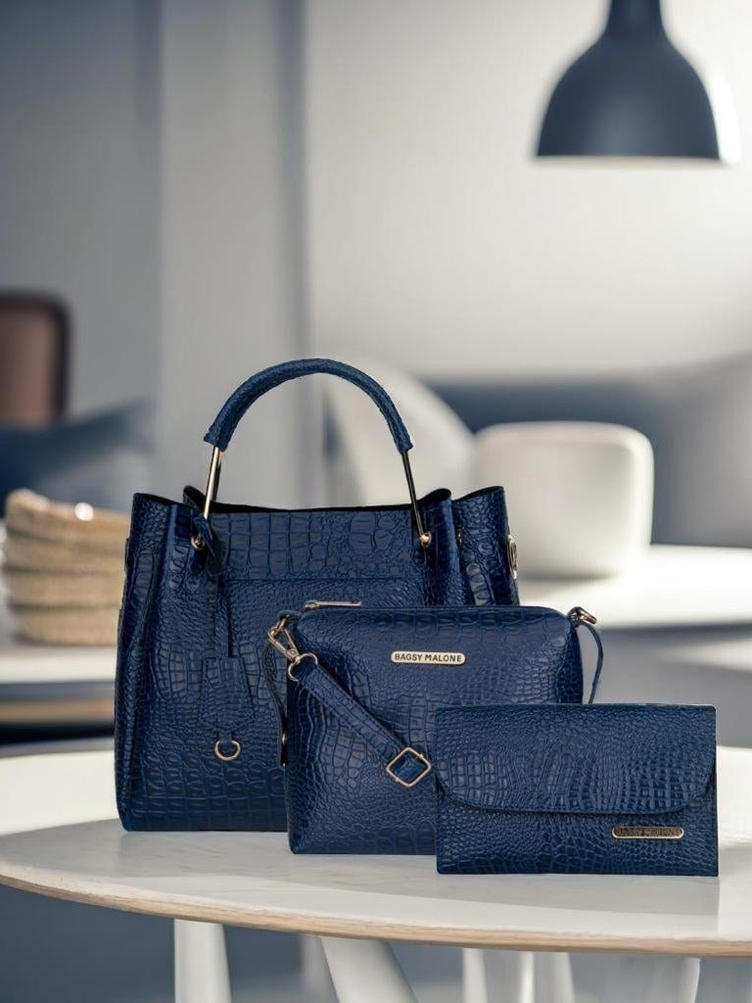 

Bagsy Malone Set Of 3 Textured Leather Water Resistant Structured Handheld Bag, Blue