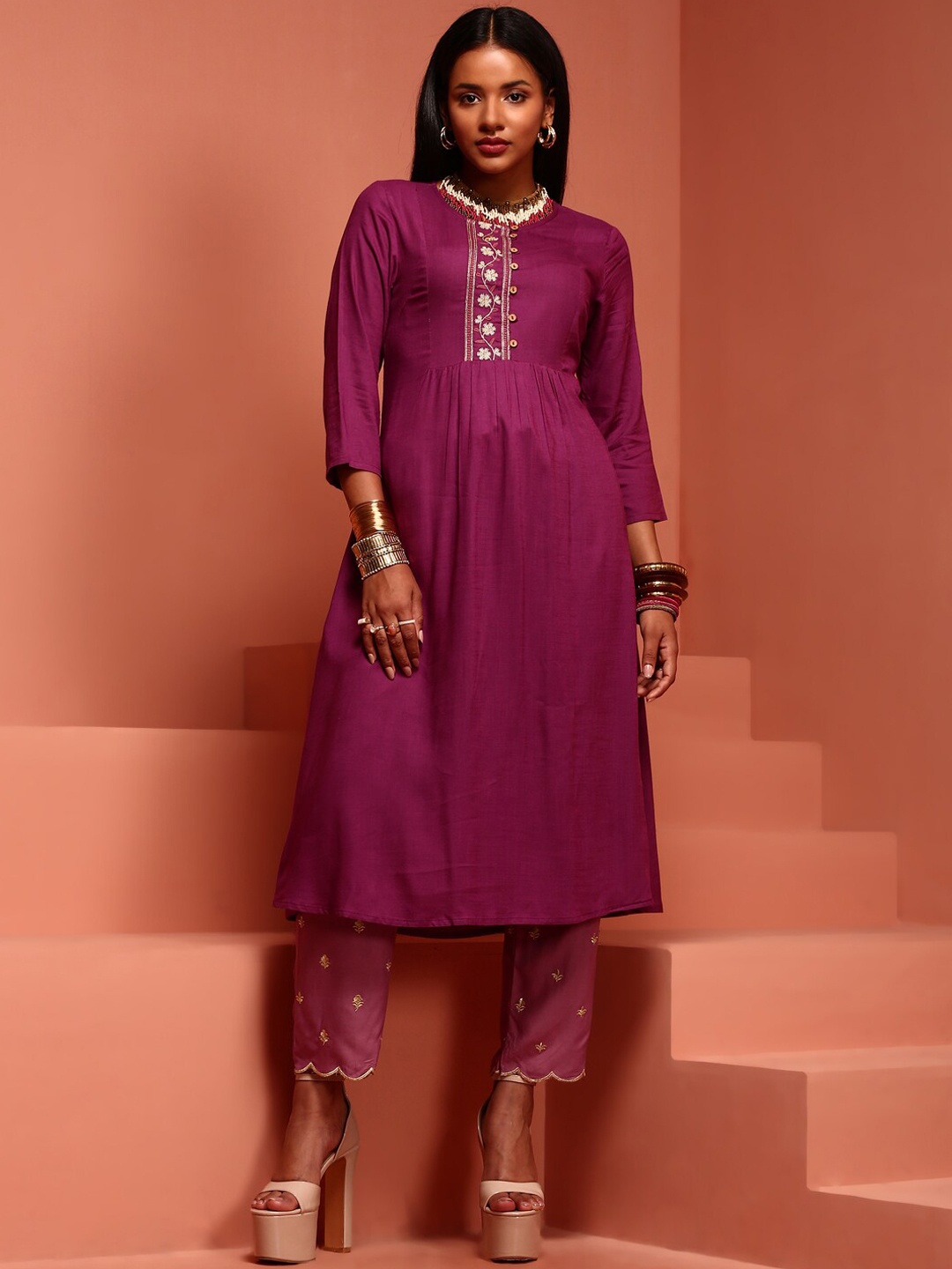 

IMARA Floral Yoke Design Thread Work Pleated A-Line Kurta With Trouser, Purple