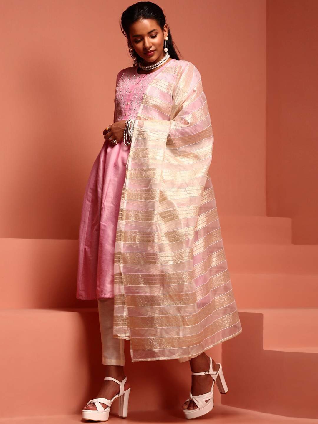 

IMARA Ethnic Motifs Yoke Design Thread Work Pleated A-Line Kurta with Trousers & Dupatta, Pink