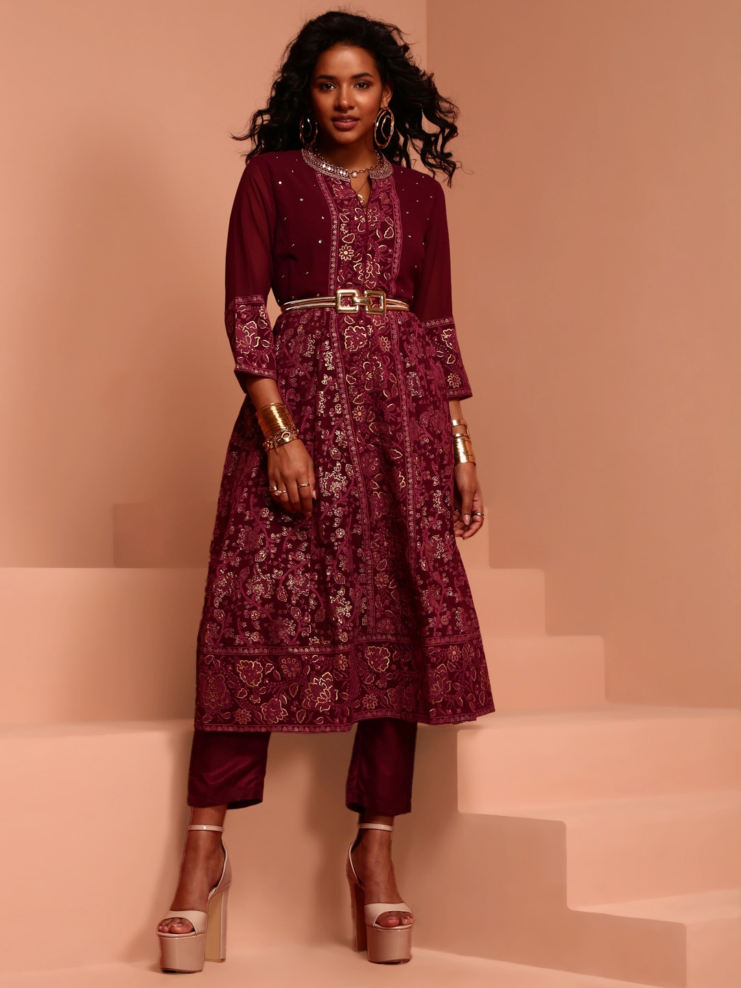 

IMARA Ethnic Motifs Printed Mandarin Collar A-Line Kurta With Trousers, Maroon