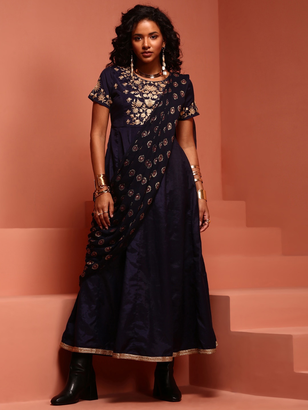 

IMARA Embroidered Detail A-Line Ethnic Dresses With Dupatta, Blue