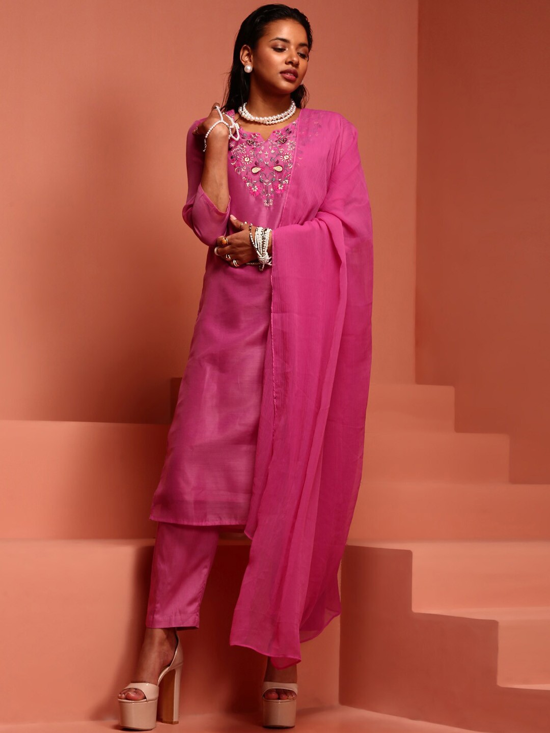

IMARA Ethnic Motifs Yoke Design Thread Work Kurta With Trousers & Dupatta, Pink