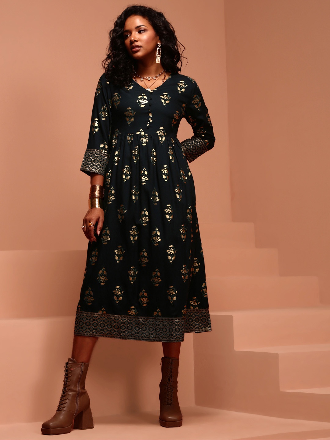 

IMARA Floral Printed V-Neck Fit & Flare Ethnic Dress, Green