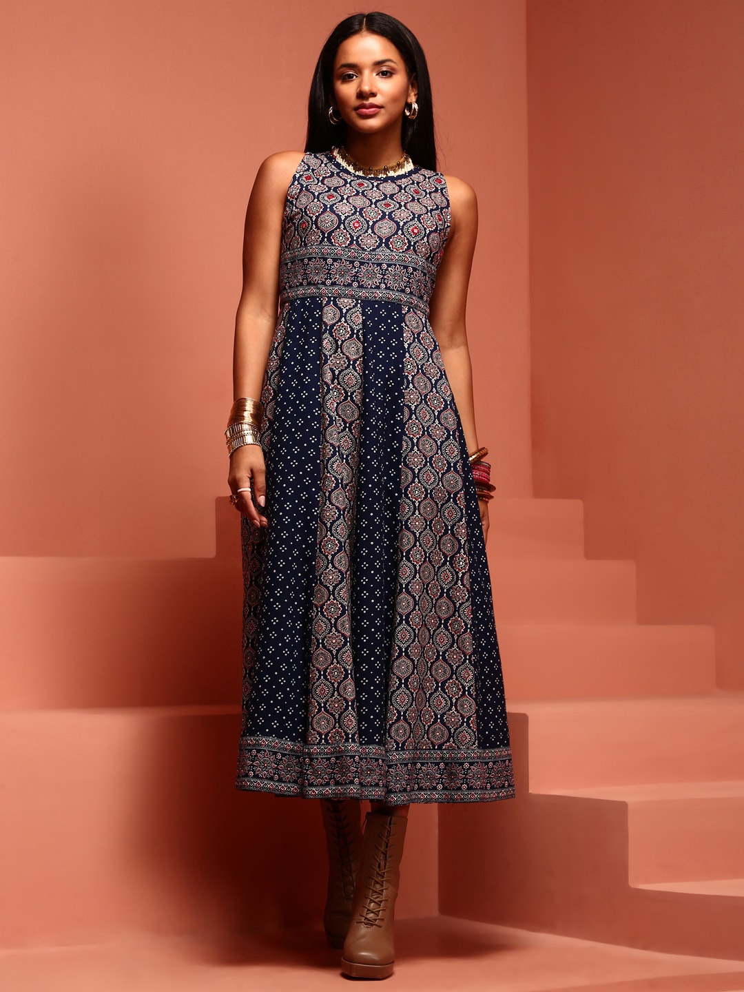 

IMARA Ethnic Motifs Printed Embroidered Detail A-Line Ethnic Dresses, Blue