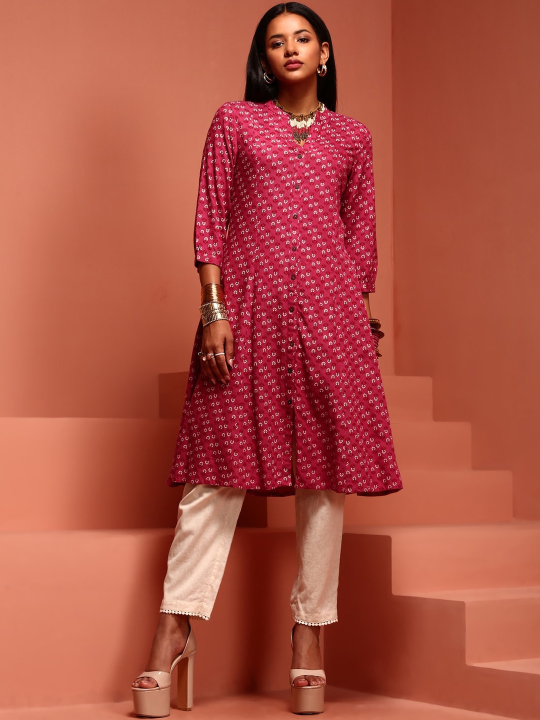 

IMARA Floral Printed Mandarin Collar A-Line Kurta, Pink