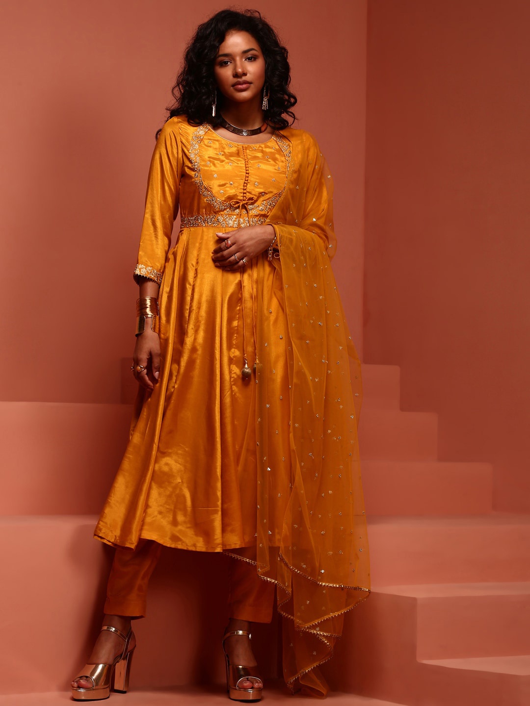 

IMARA Ethnic Motifs Embroidered Empire Kurta With Trousers & Dupatta, Mustard
