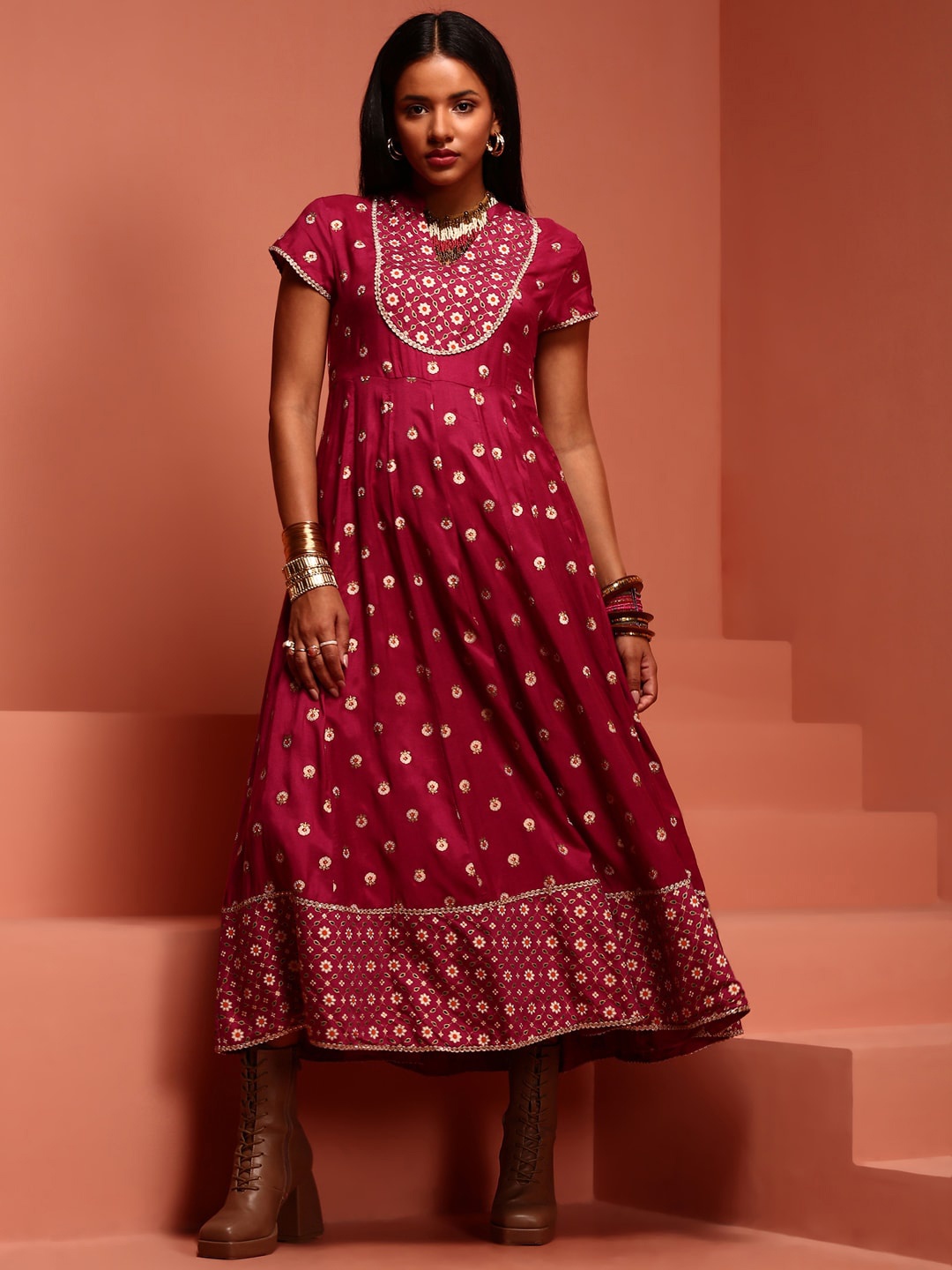 

IMARA Ethnic Motifs Printed A-Line Ethnic Dress With Dupatta, Brown