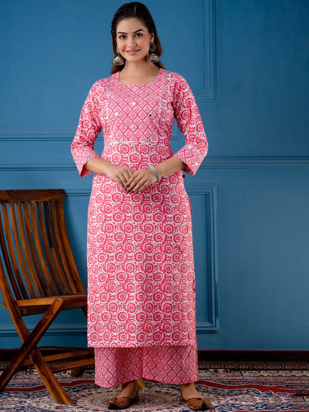 

KALINI Floral Printed Mirror Work Kurta with Palazzos, Pink