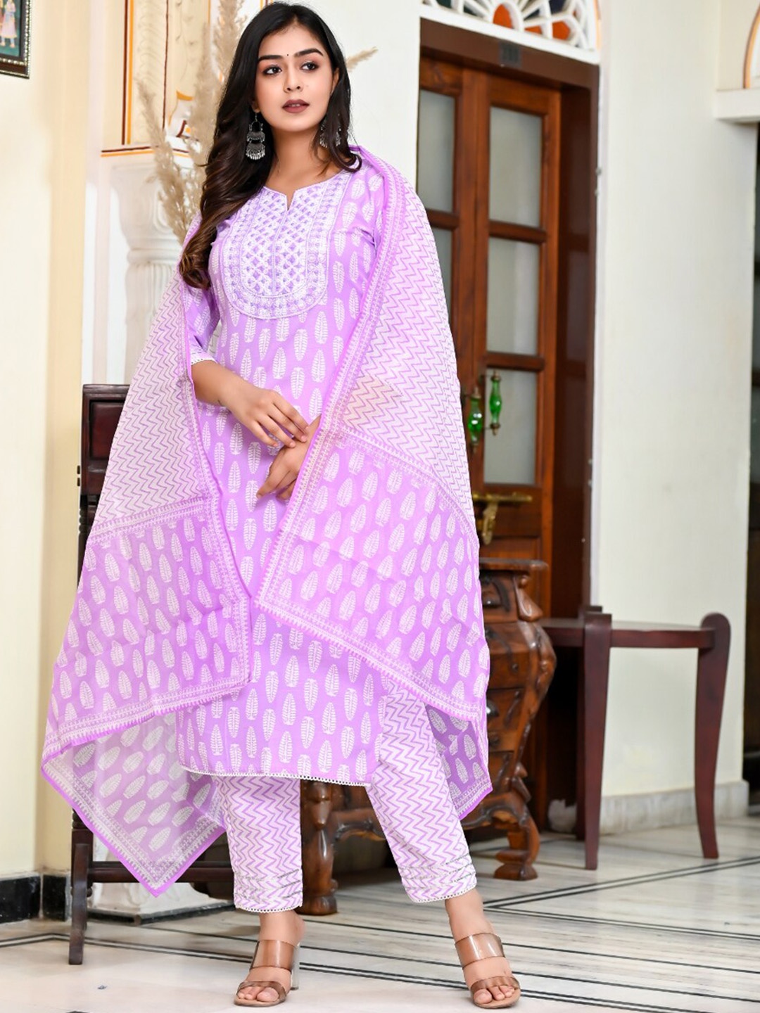 

KALINI Ethnic Motifs Printed Round Neck Regular Kurta With Trousers & Dupatta, Purple