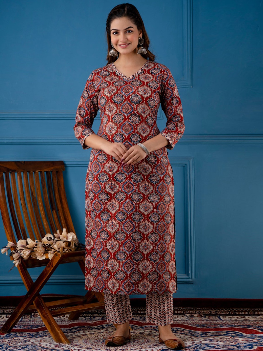 

KALINI Ethnic Motifs Printed Kurta with Trousers, Red