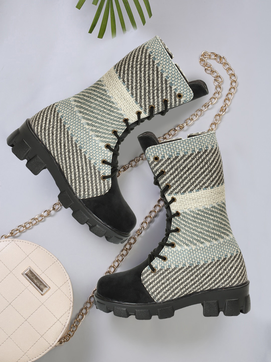

FASHIMO Women Printed High-Top Chunky Boots, Black