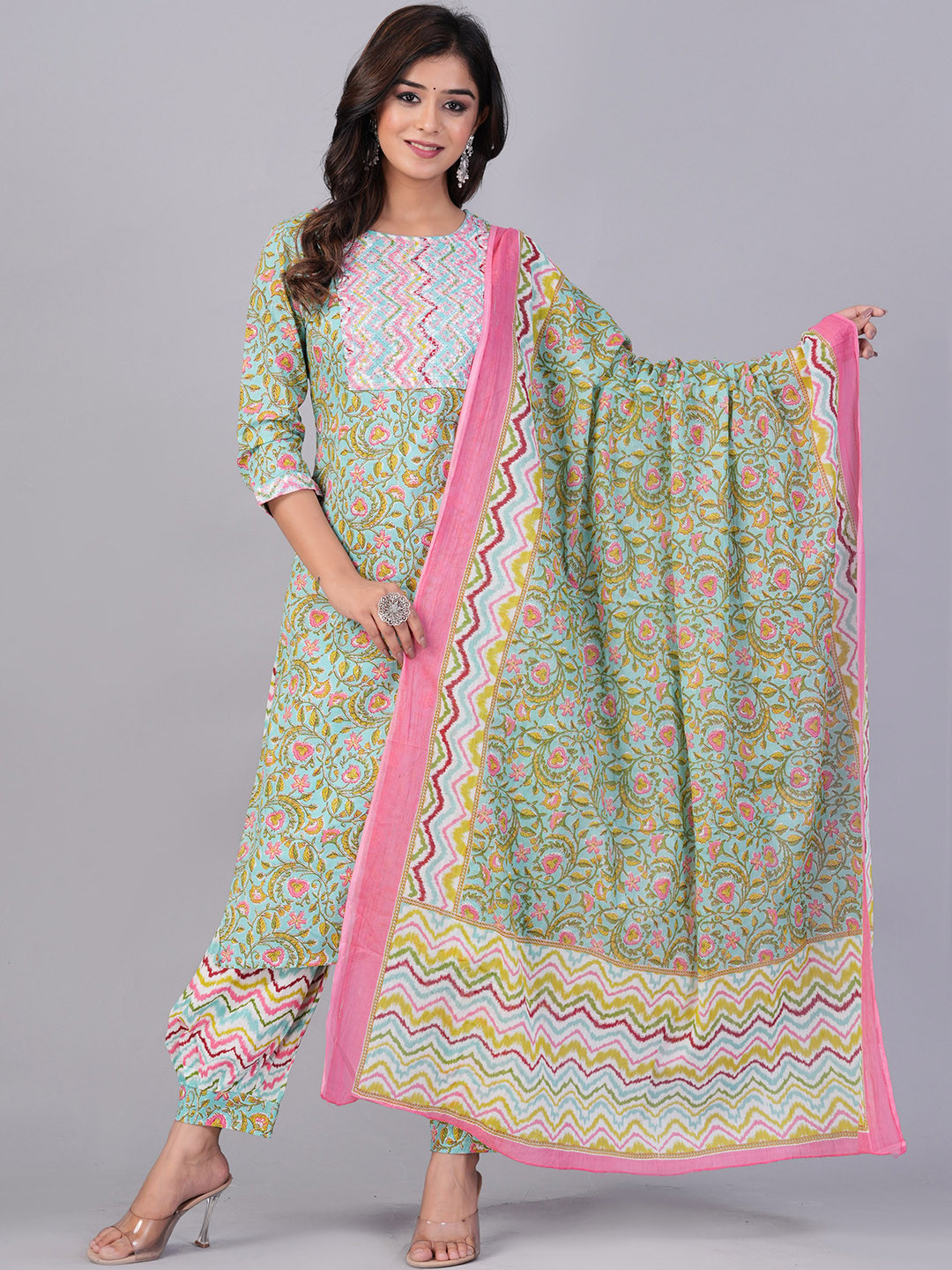 

DORIYA Floral Printed Sequinned Straight Kurta with Salwar & Dupatta, Blue