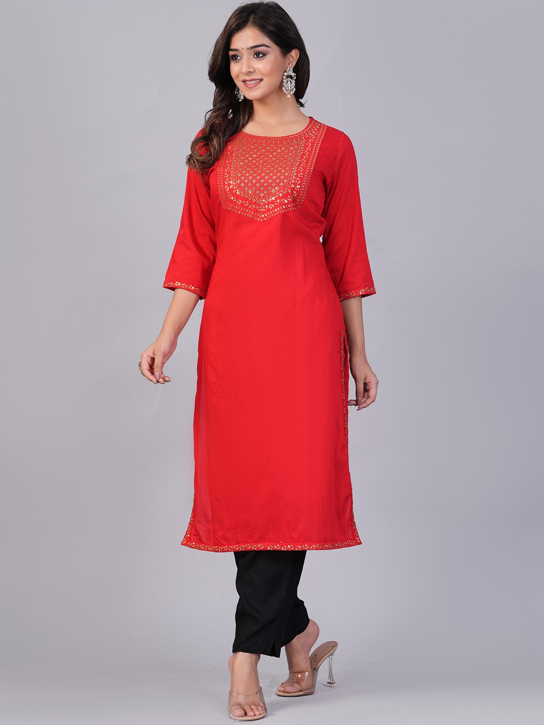 

DORIYA Ethnic Motifs Embroidered Regular Sequinned Kurta With Trousers, Red