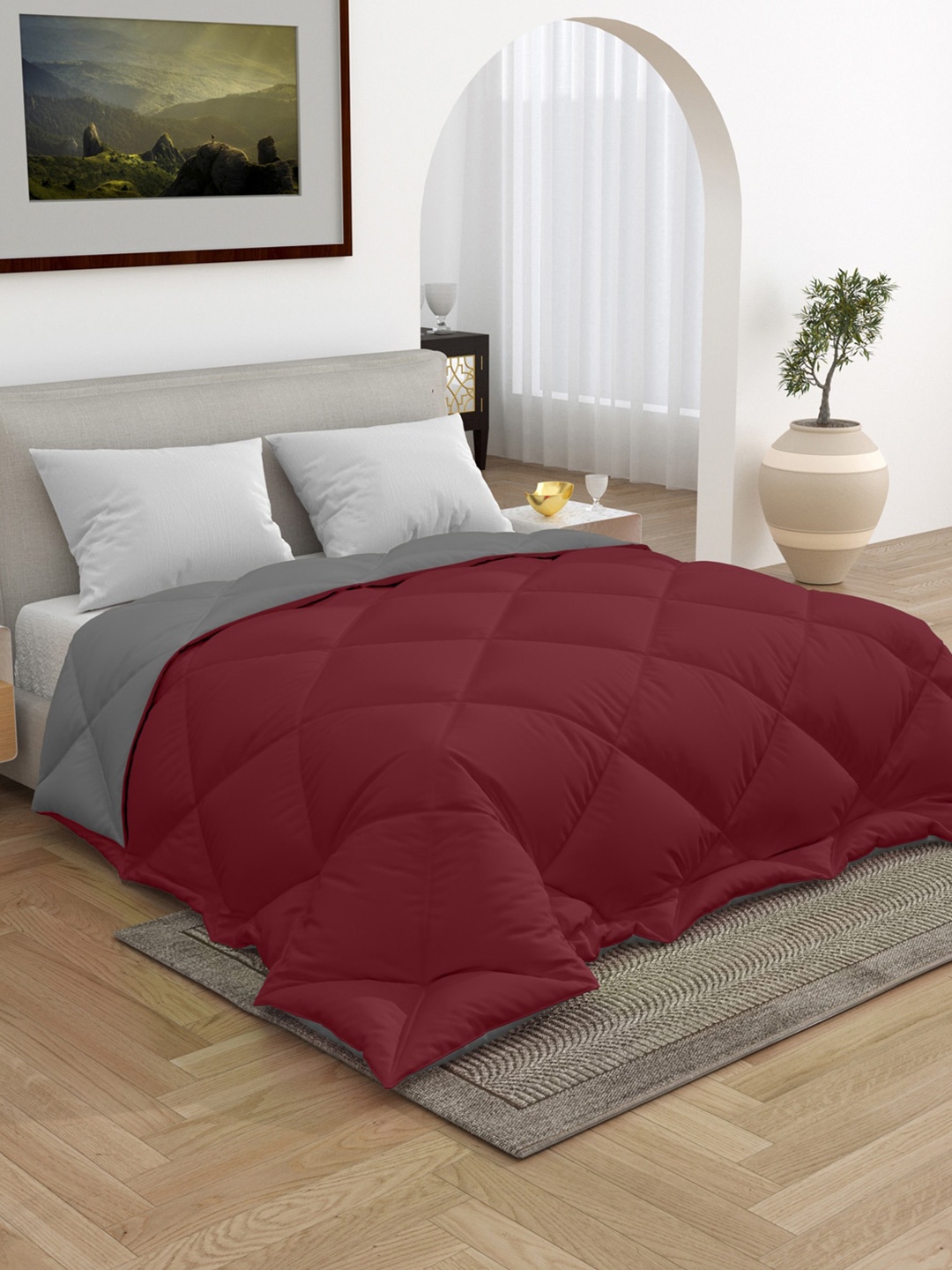 

RAASO Maroon & Grey Checked Microfiber Mild Winter 210 GSM Single Bed Comforter