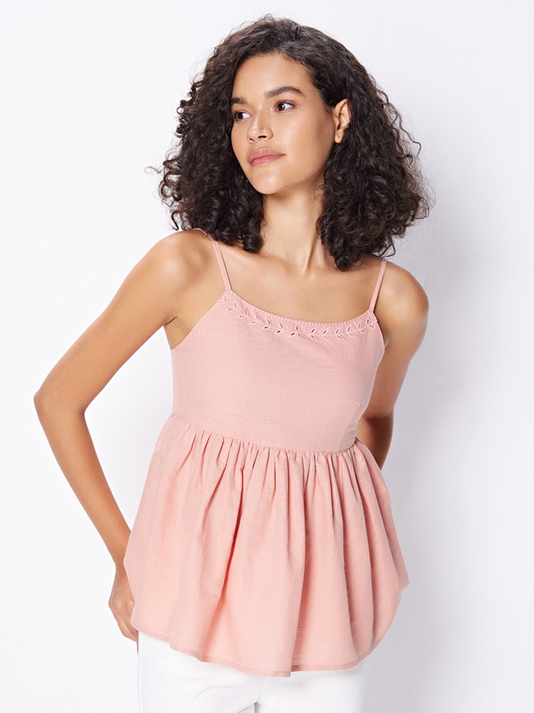 

COVER STORY Pink Shoulder Straps Linen Top