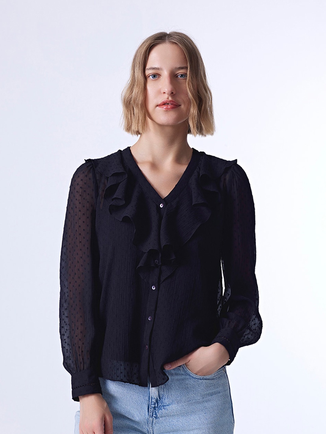 

COVER STORY Navy Blue Self Design Ruffled Chiffon Shirt Style Top