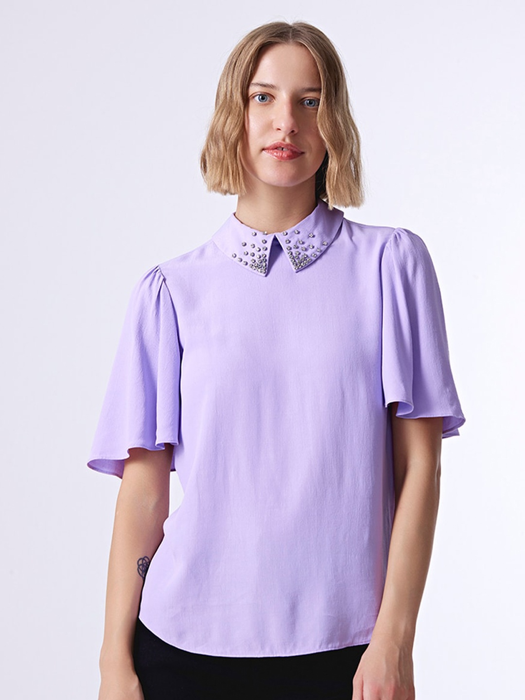 

COVER STORY Lavender Flared Sleeves Crepe Top