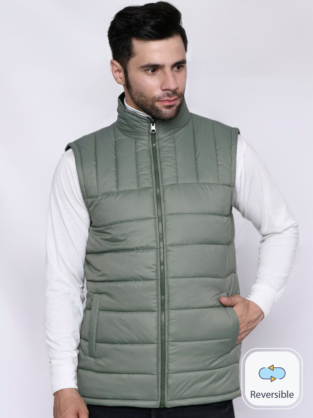 

Mark Leute Mock Collar Reversible Sleeveless Puffer Jacket, Green