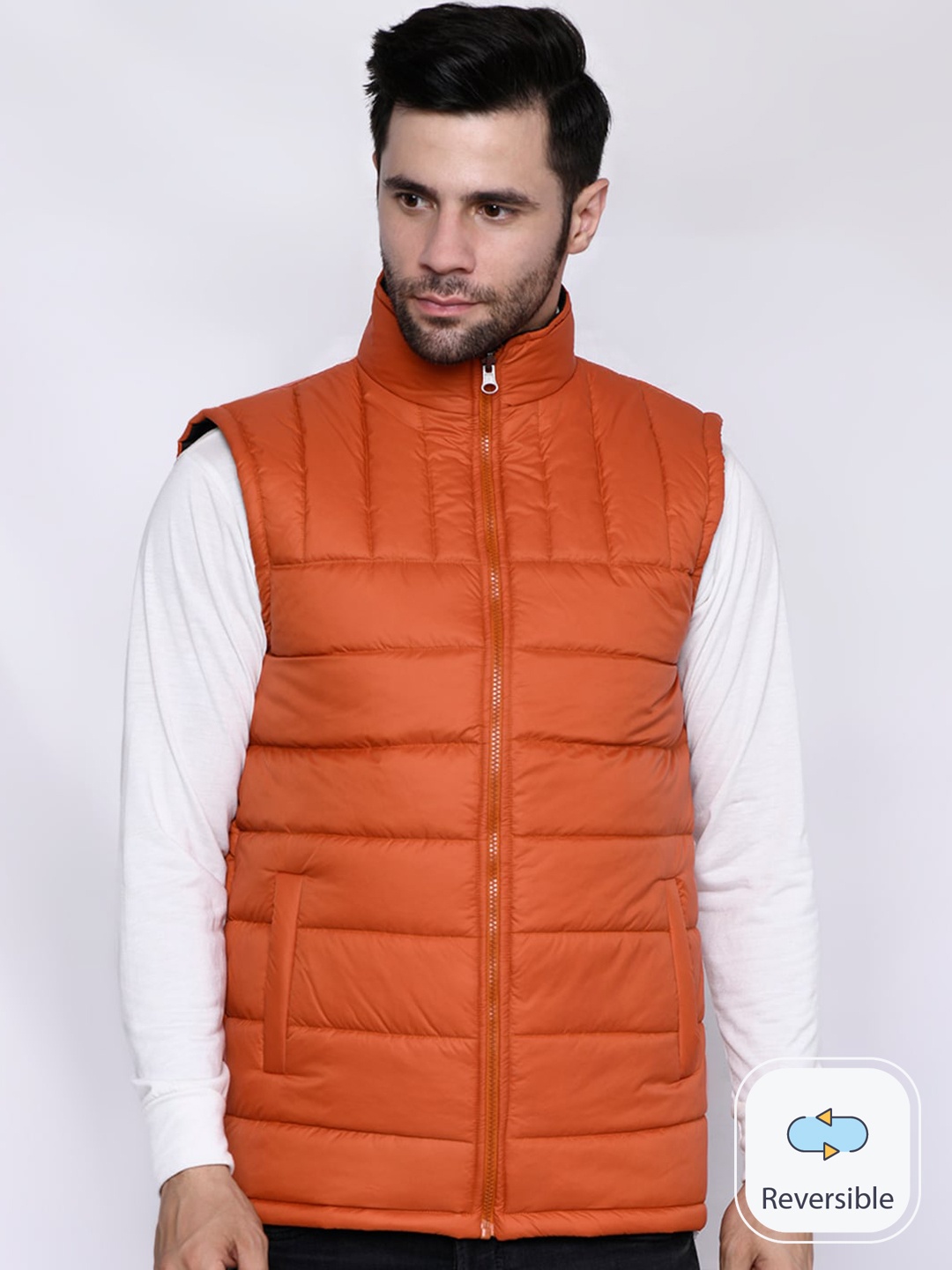 

Mark Leute Stand Collar Sleeveless Reversible Quilted Jacket, Rust