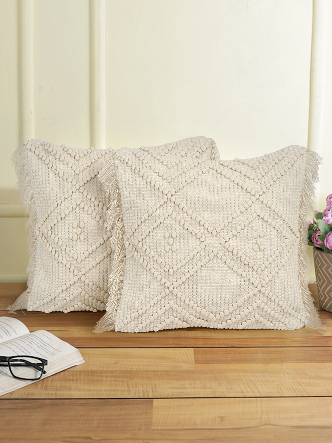 

eyda Cream-Coloured 2 Pieces Embroidered Cotton Square Cushion Covers