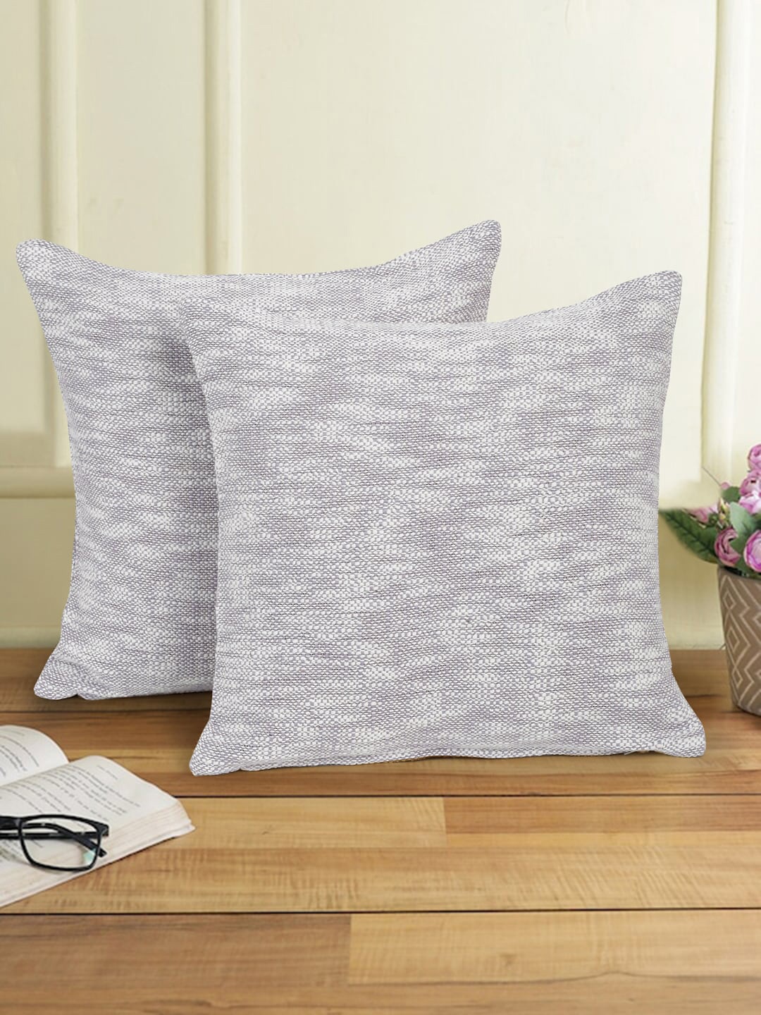 

eyda Off White & Grey 2-Pieces Cotton Square Cushion Covers