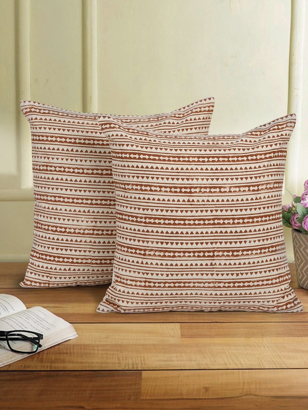 

eyda Rust & Cream 2 Pieces Striped Cotton Square Cushion Covers