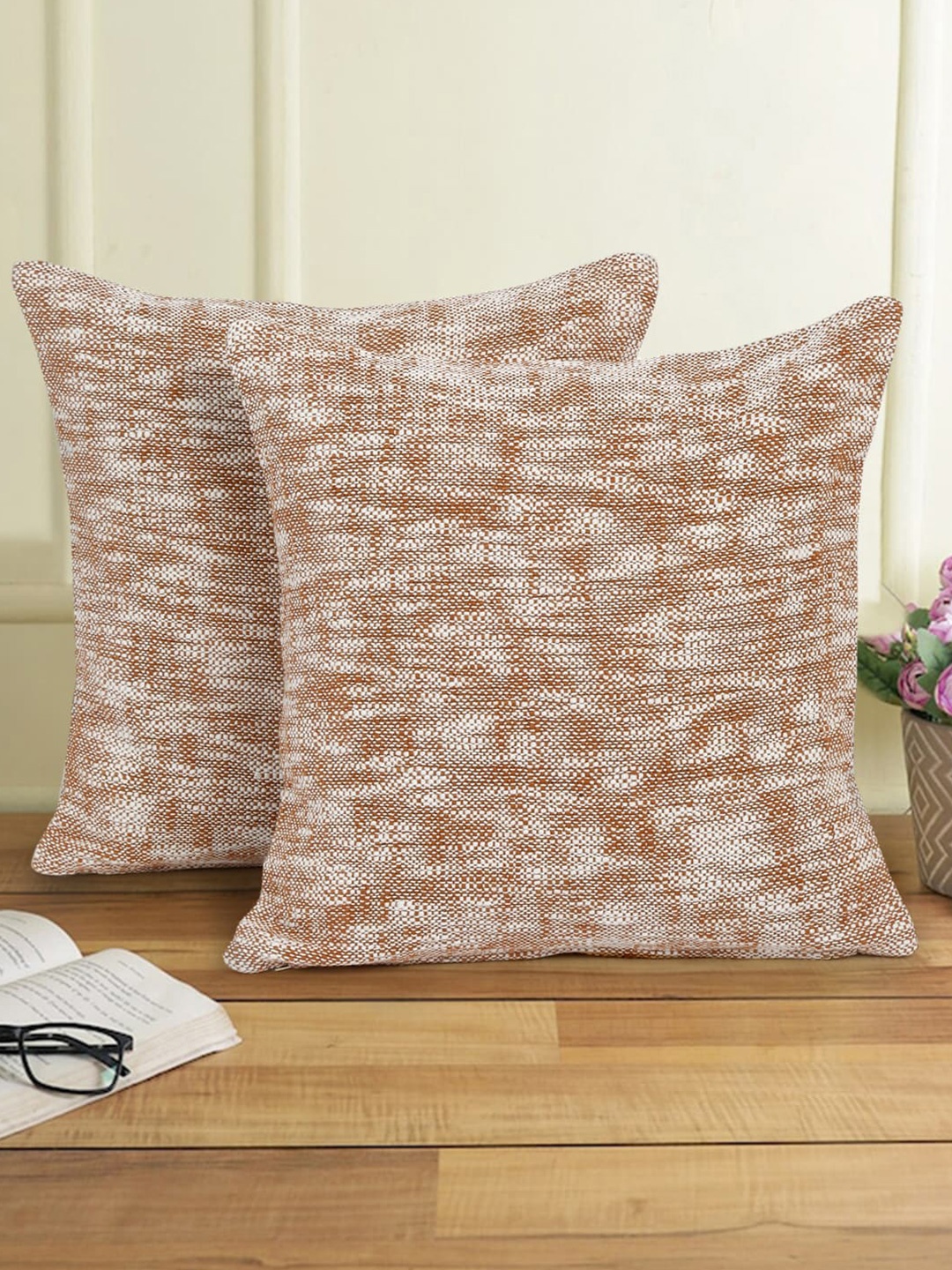 

eyda Rust & White 2-Pieces Abstract Cotton Square Cushion Covers