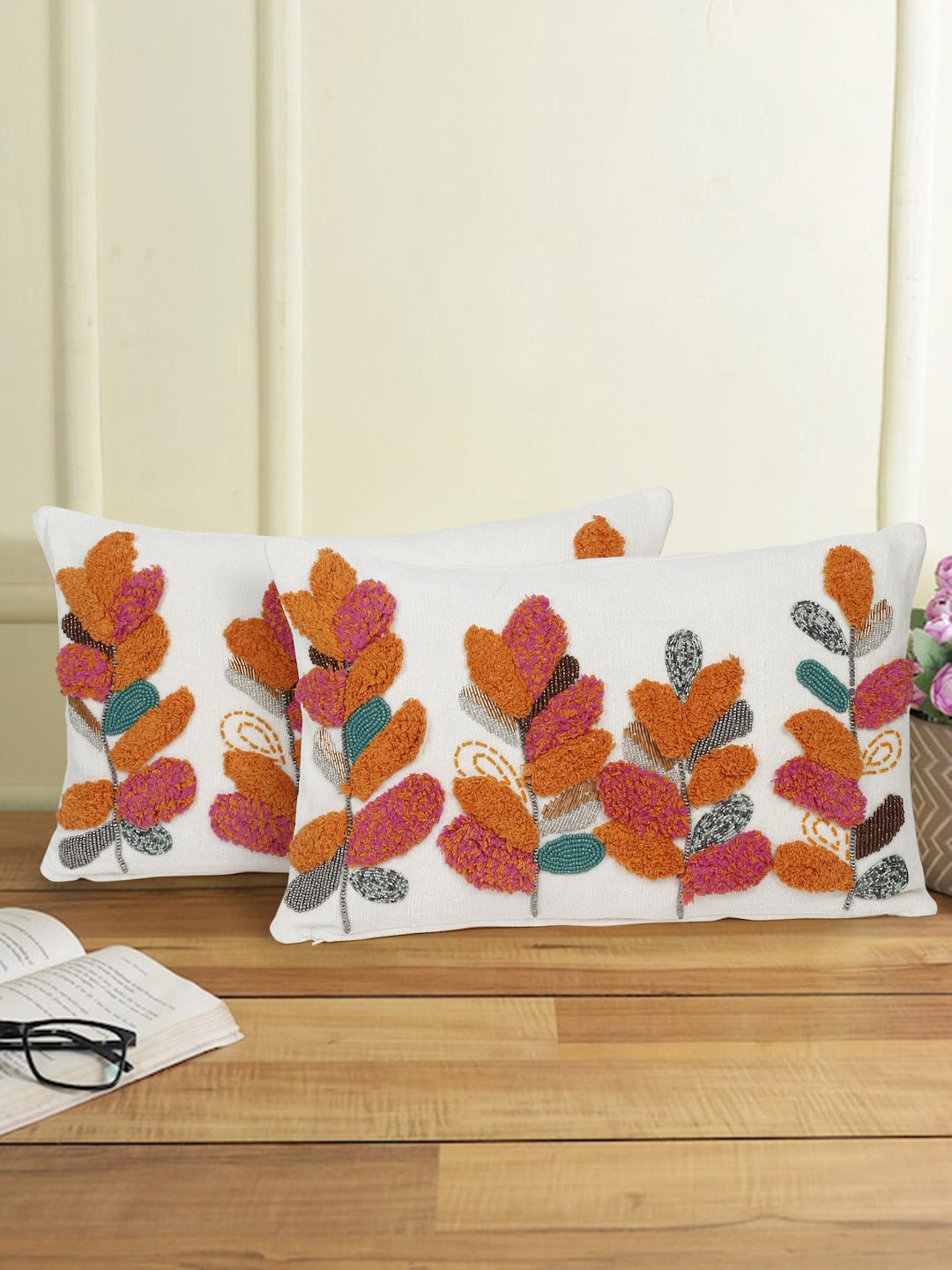 

eyda White & Orange 2-Pieces Embroidered Cotton Rectangle Cushion Covers