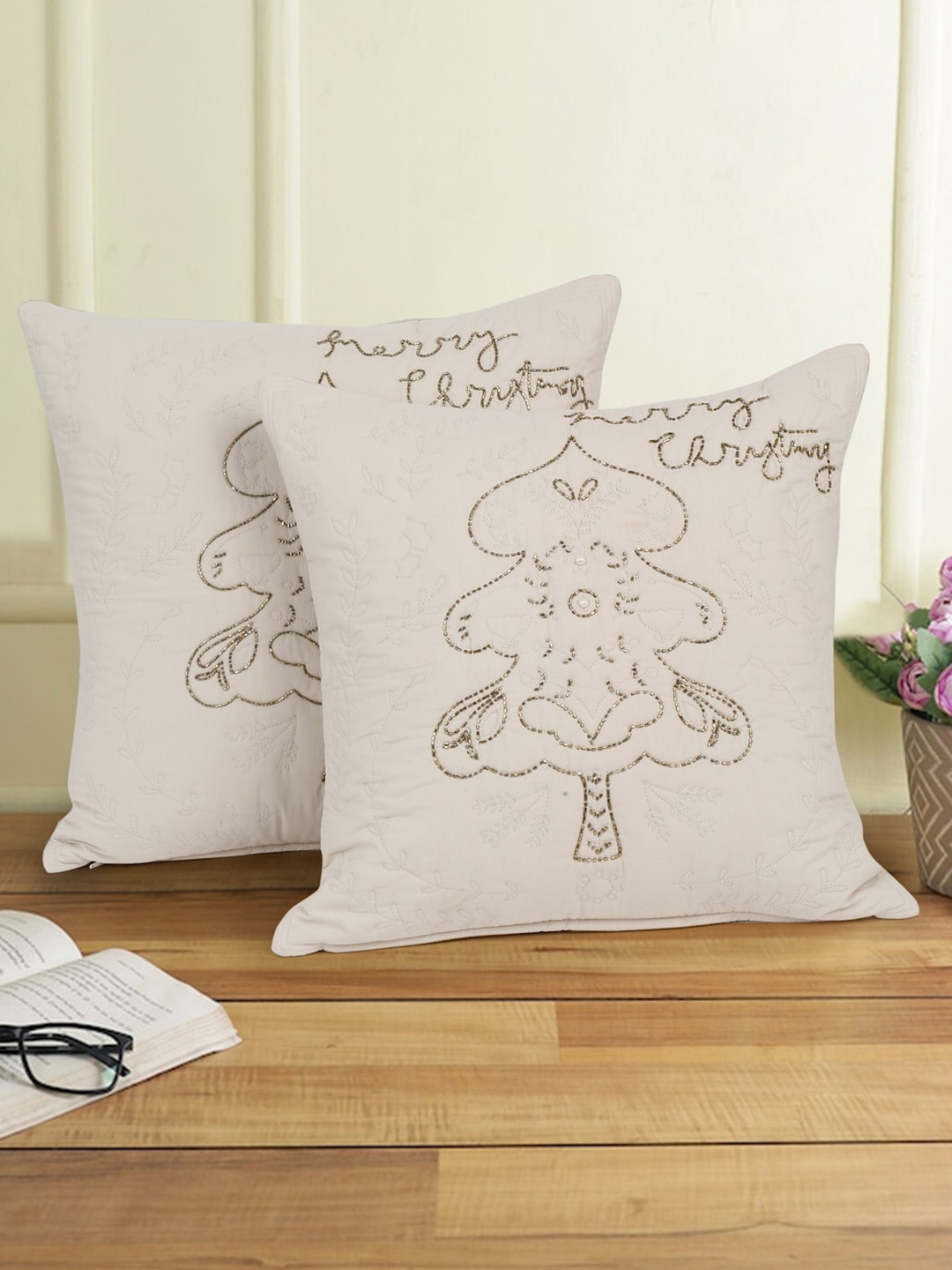 

eyda 2 Pcs Cream-Coloured Embellished Cotton Square Cushion Covers