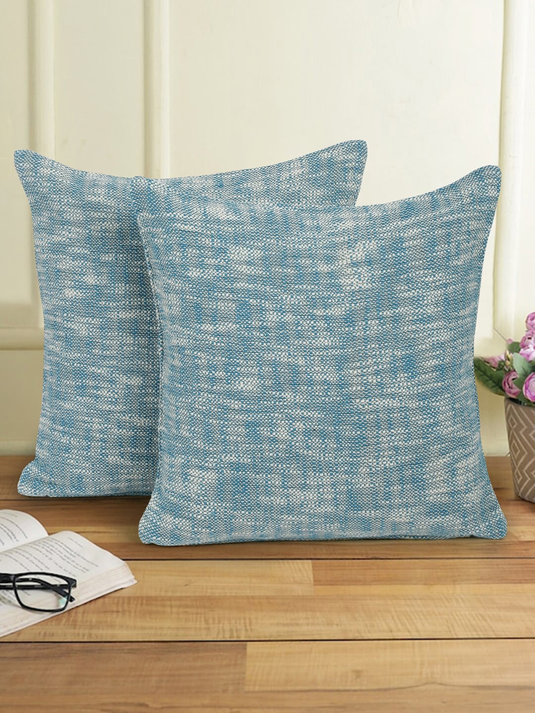 

eyda Teal & White 2-Pieces Cotton Square Cushion Covers