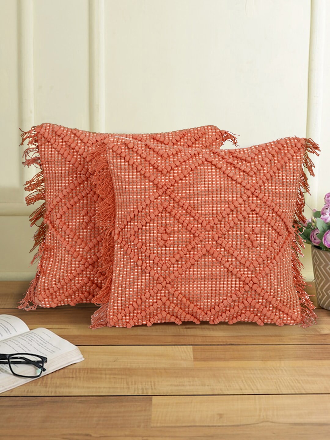 

eyda Peach-Coloured 2 Pieces Quirky Cotton Square Cushion Covers