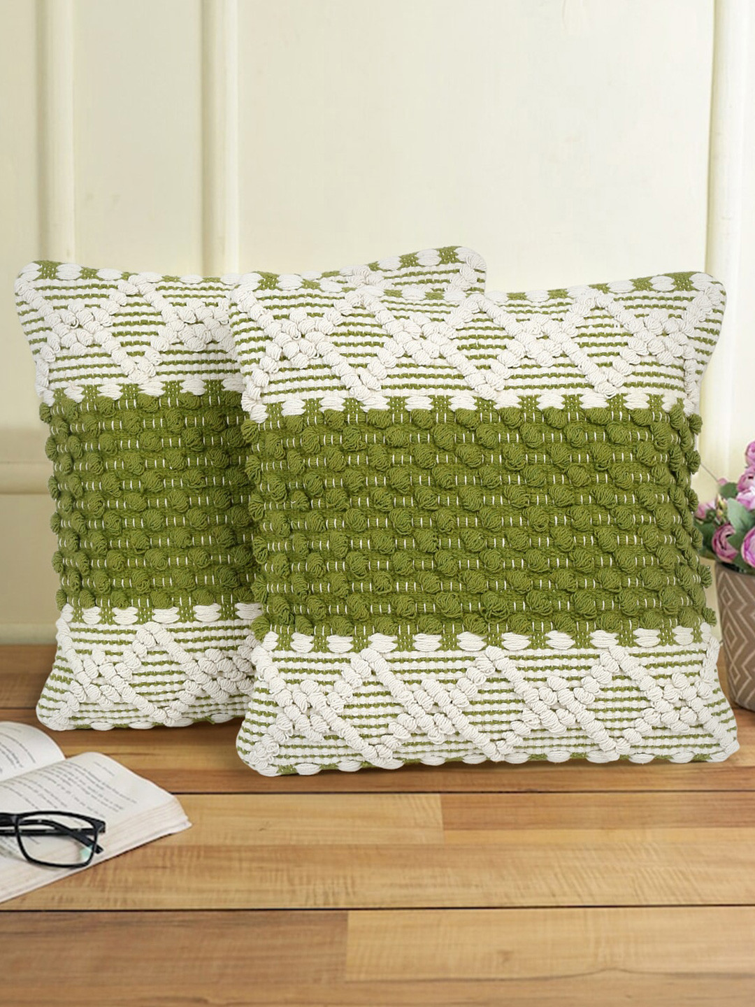 

eyda White & Green 2 Pieces Self Design Cotton Square Cushion Covers