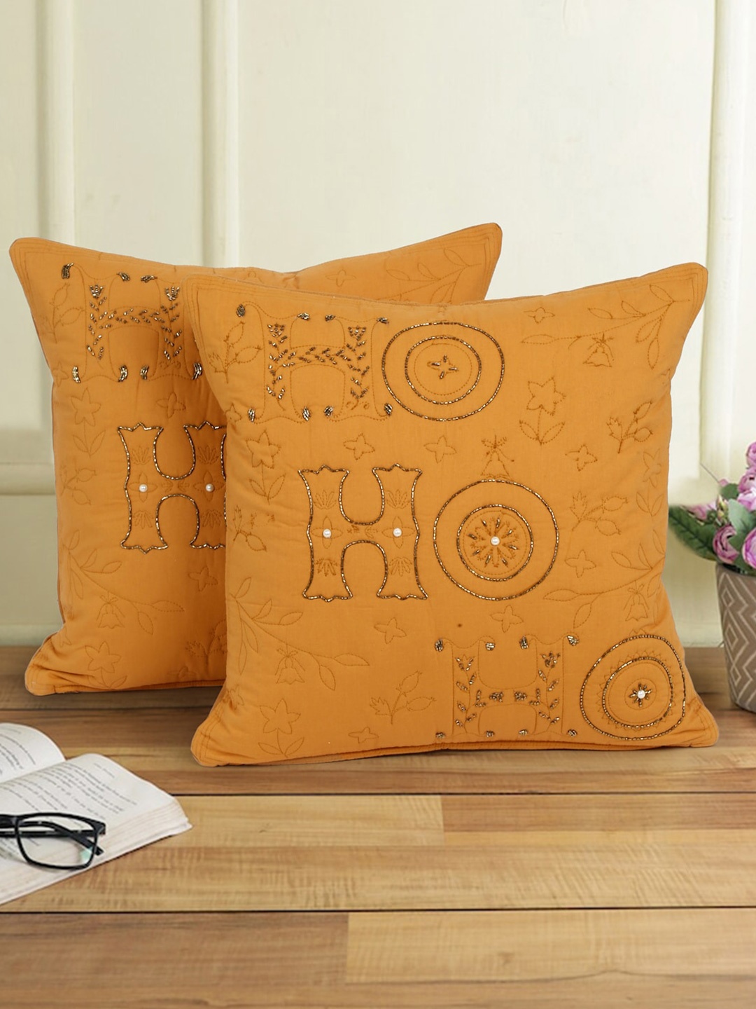 

eyda Orange 2 Pieces Embellished Cotton Square Cushion Covers