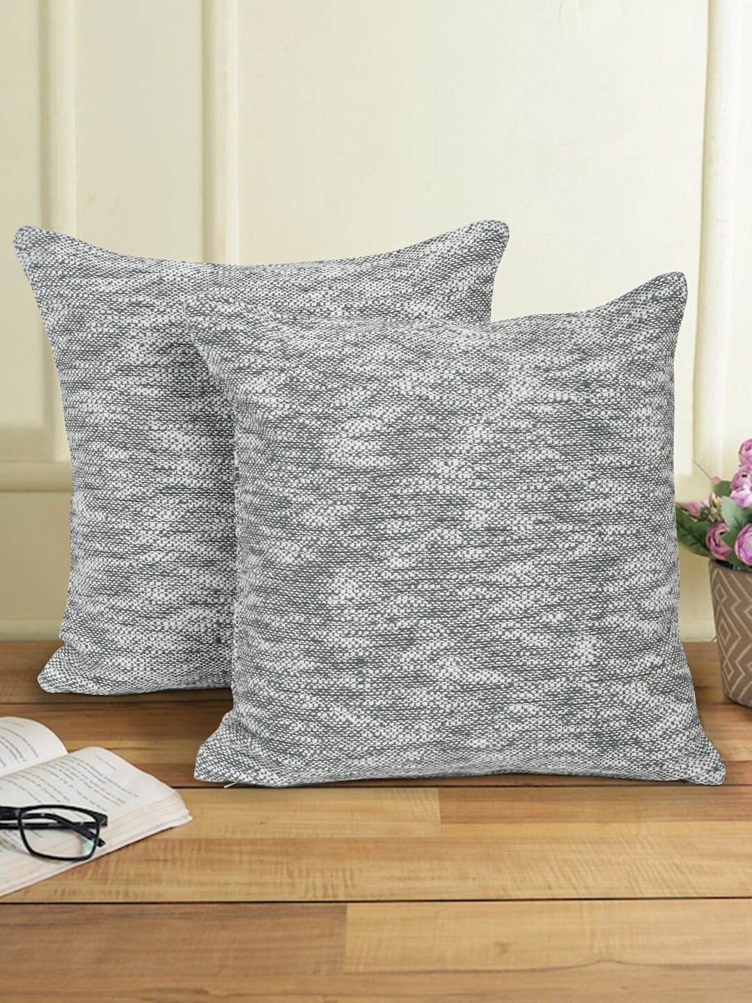 

eyda 2 Pcs Grey & White Abstract Cotton Square Cushion Covers
