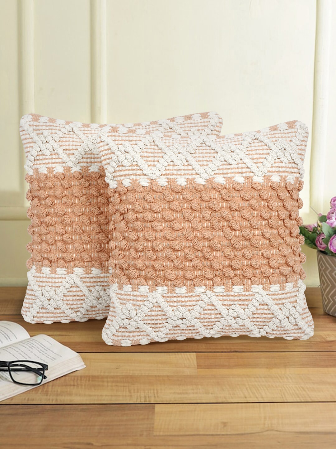 

eyda 2 Pcs White & Peach-Coloured Quirky Cotton Square Cushion Covers